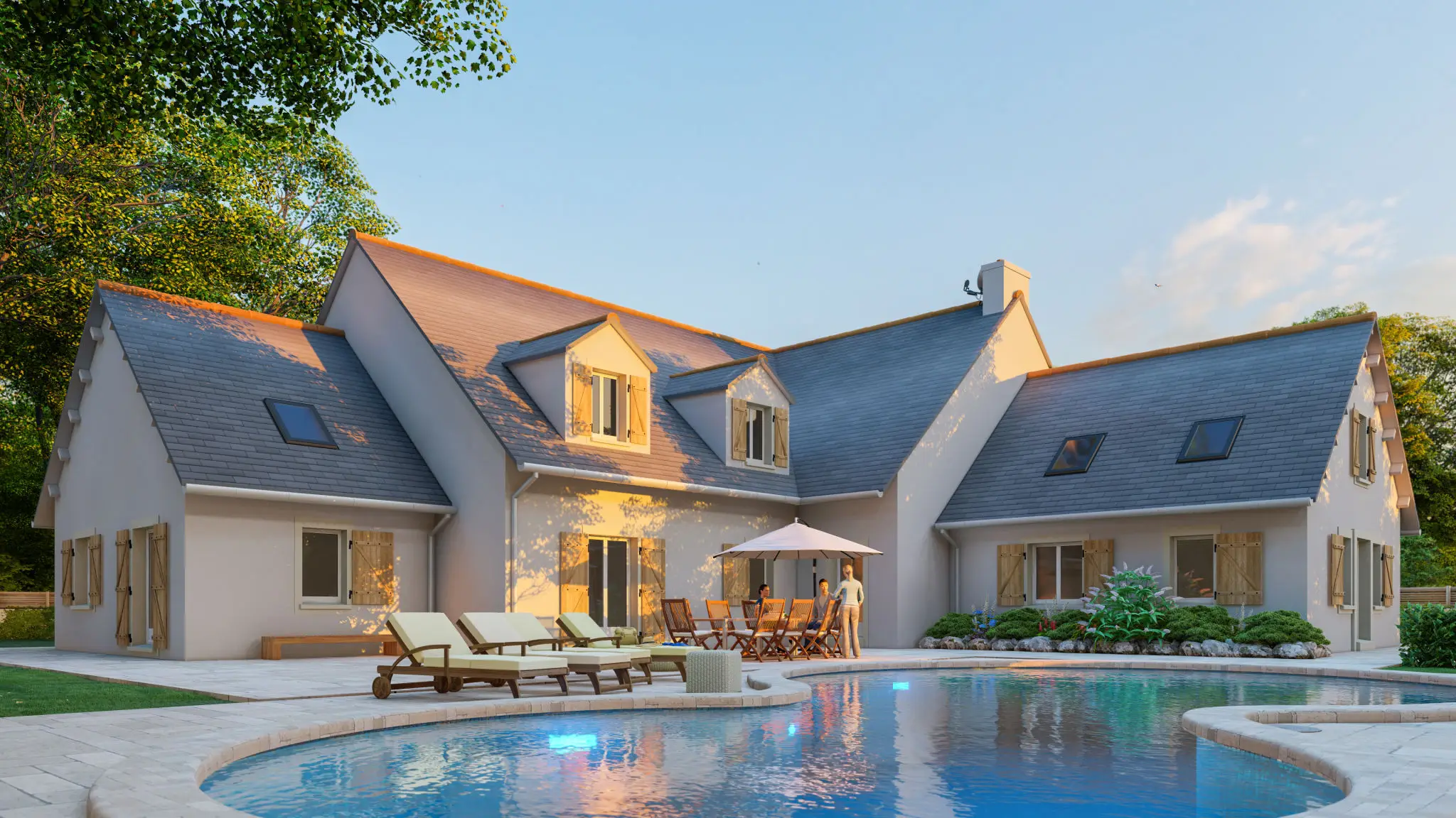 Modern villa with pool, patio and lounge chairs