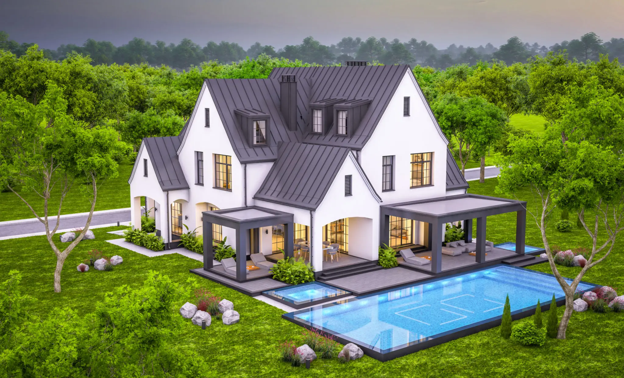 Modern white house with pool and patio