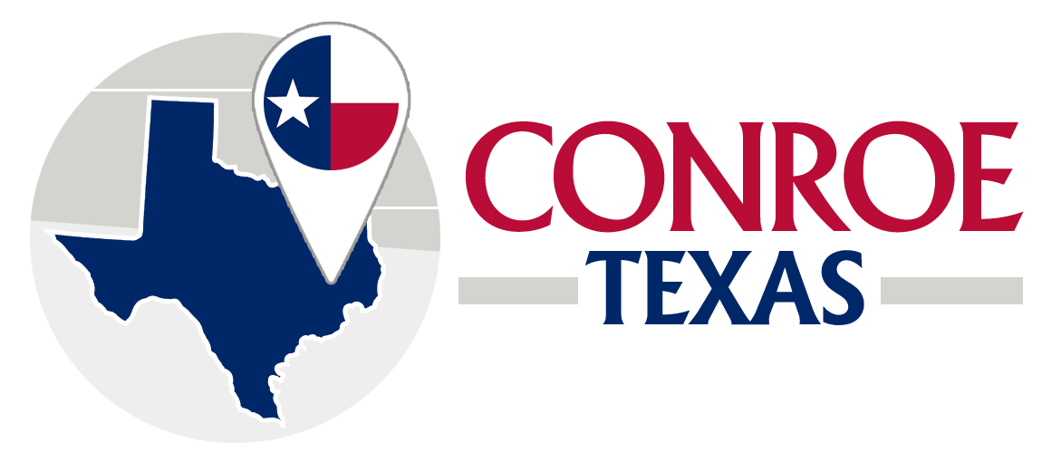 Conroe Texas logo with Texas map pin