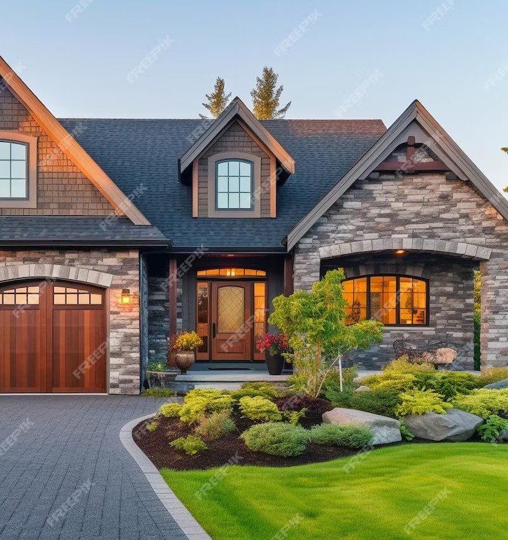 Stone house with landscaped front yard and garage