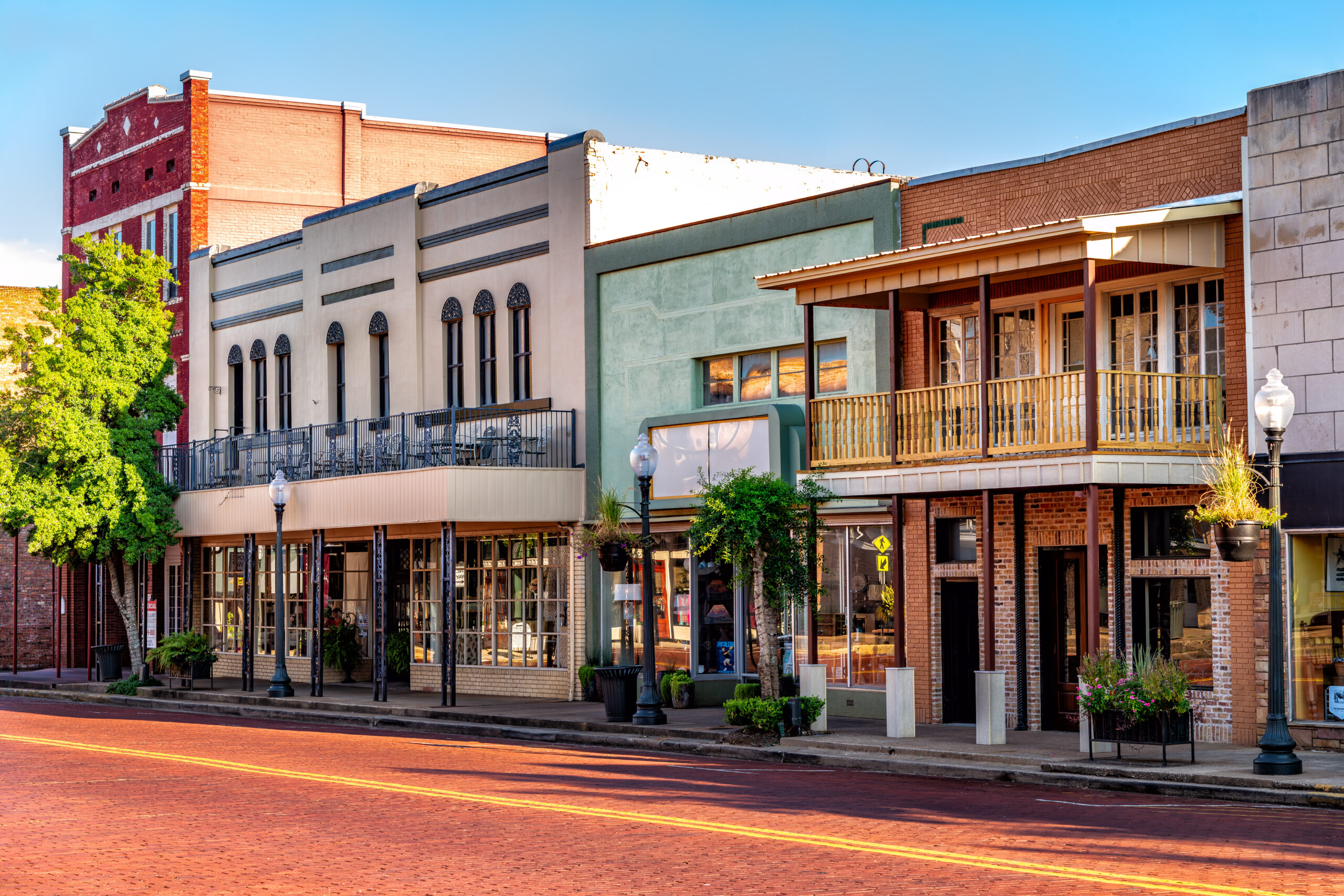 Historic downtown brick street with storefronts