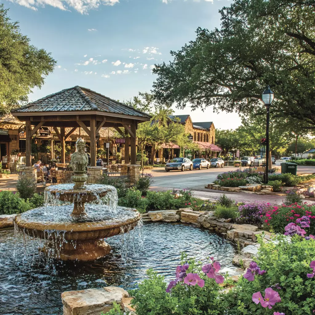 Town square fountain with gazebo and flowers