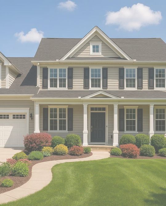 Two-story house with manicured front lawn