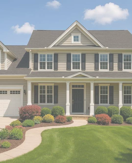 Two-story suburban house with landscaped front yard